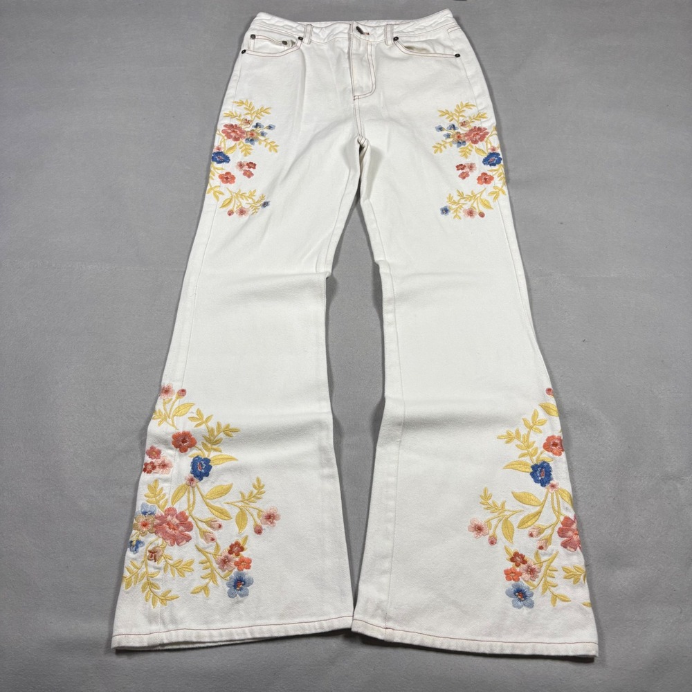 Jacquie the Label White Floral Embroidered Flare Leg Jeans Size S High Rise